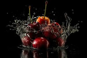 AI generated Cherries in a splash of water on a black background. Neural network AI generated photo