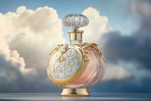 AI generated beautiful perfume bottle against the background of the sky and clouds. Neural network AI generated art photo