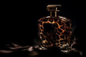 ai generado De las mujeres perfume en un vaso botella en un oscuro antecedentes en leopardo salvaje diseño. neural red ai generado foto