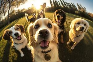 AI generated cute beagle looking at the camera while taking a selfie with another beagle and a pug. Neural network AI generated photo