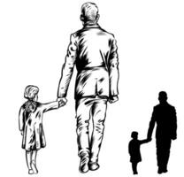 Silhouette of walking father with daughter from back. vector illustration