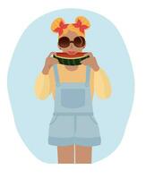 un rubia niña disfrutando sandía, plano Arte diseño, Hola verano vector