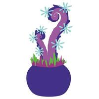Monster plant illustration. Vector fantasy scary flower graphic. Flat or Cartoon Alien Botany object in Flower pot with predators and Flower on it. Vibrant colors Magic Flora isolated on white.