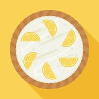 Lemon pie with a lemon piece on whipped cream, yellow background. vector