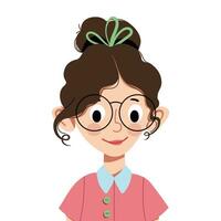 linda contento niña avatar. retrato de un lindo, sonriente niño niña en lentes. avatar cara de un Chica de escuela. vector para niños cabeza ilustración aislado en un blanco antecedentes. dibujos animados personaje.