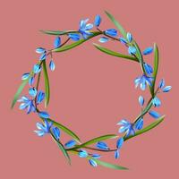 Wreath, frame of blue snowdrops on a pink background vector