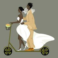 isolated image of happy newlyweds riding a scooter, on gray background vector