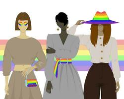 ilustración con Tres personas quien son lesbianas, en un blanco antecedentes con un arco iris vector