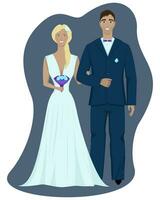 isolated image of bride and groom on purple and white background vector