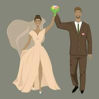 happy groom with bride holding bouquet in hands and smiling on gray background vector