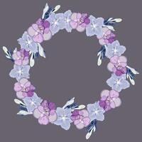 Frame, wreath of violets and hosta flowers in purple tones on a pale purple background vector