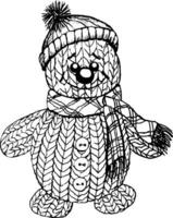Hand drawn cute cartoon snowman wearing a hat. Vector illustration.