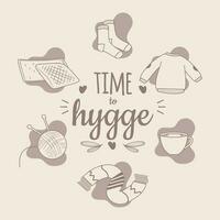 Time to hygge concept template with winter seasonal items Vector illustration