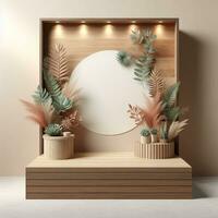 AI generated Wooden Display Podium with Plants and Wooden Wall photo