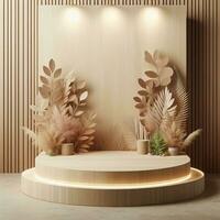 AI generated Wooden Display Podium with Plants and Wooden Wall photo