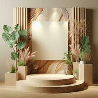 AI generated Wooden Display Podium with Plants and Wooden Wall photo