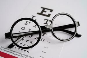 Glasses on eye exam chart to test eyesight accuracy of reading. photo