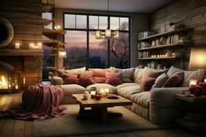 AI generated Romantic Retreat Modern Valentine's Living Room, modern living room decorated for valentine photo