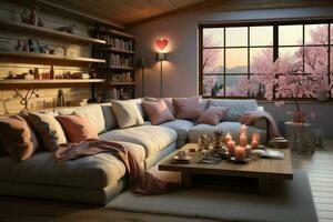 AI generated Romantic Retreat Modern Valentine's Living Room, modern living room decorated for valentine photo