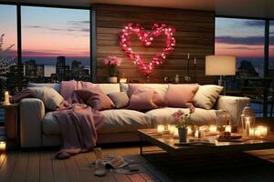 AI generated Romantic Retreat Modern Valentine's Living Room, modern living room decorated for valentine photo
