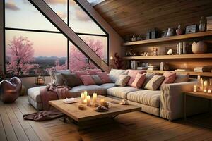 AI generated Romantic Retreat Modern Valentine's Living Room, modern living room decorated for valentine photo