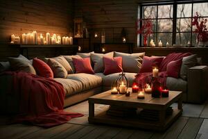 AI generated Romantic Retreat Modern Valentine's Living Room, modern living room decorated for valentine photo