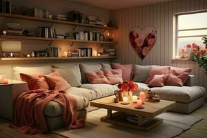 ai generado romántico retirada moderno San Valentín vivo habitación, moderno vivo habitación decorado para enamorado foto