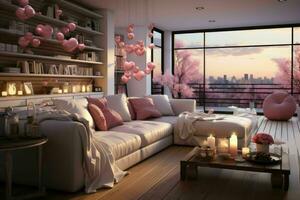 ai generado romántico retirada moderno San Valentín vivo habitación, moderno vivo habitación decorado para enamorado foto