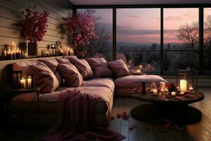 AI generated Romantic Retreat Modern Valentine's Living Room, modern living room decorated for valentine photo