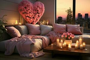 AI generated Romantic Retreat Modern Valentine's Living Room, modern living room decorated for valentine photo