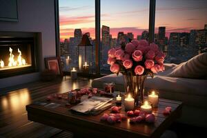 AI generated Romantic Retreat Modern Valentine's Living Room, modern living room decorated for valentine photo