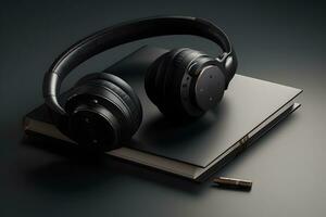 AI generated Audio book concept. Black headphones and a book. Neural network AI generated photo