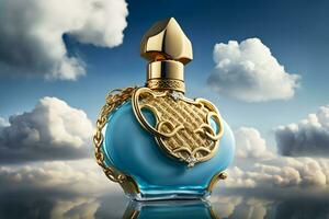 AI generated beautiful perfume bottle against the background of the sky and clouds. Neural network generated art photo