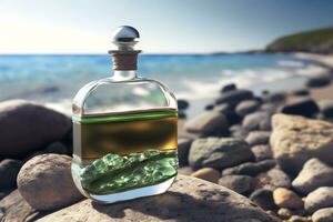 AI generated A glass bottle of perfume standing on a sea background. Neural network generated art photo