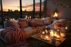 AI generated Romantic Retreat Modern Valentine's Living Room, modern living room decorated for valentine photo