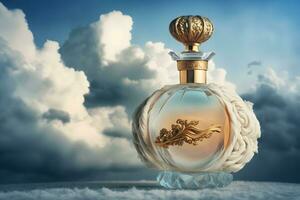 AI generated beautiful perfume bottle against the background of the sky and clouds. Neural network AI generated art photo