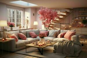 AI generated Romantic Retreat Modern Valentine's Living Room, modern living room decorated for valentine photo