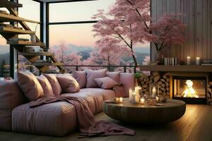 AI generated Romantic Retreat Modern Valentine's Living Room, modern living room decorated for valentine photo