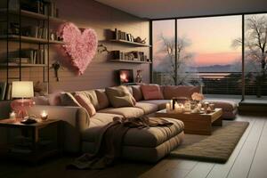 ai generado romántico retirada moderno San Valentín vivo habitación, moderno vivo habitación decorado para enamorado foto