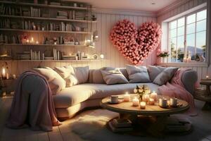 AI generated Romantic Retreat Modern Valentine's Living Room, modern living room decorated for valentine photo