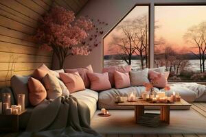 AI generated Romantic Retreat Modern Valentine's Living Room, modern living room decorated for valentine photo