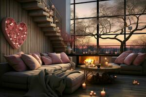 AI generated Romantic Retreat Modern Valentine's Living Room, modern living room decorated for valentine photo