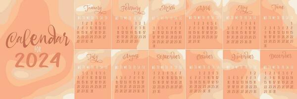 The calendar for 2024 in the color of the year is a fluffy peach. An elongated quarterly calendar with week numbers. The week starts on Monday. Shades of peach in layers. Delicate shades of peach vector