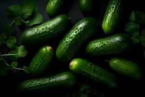 AI generated Fresh background with a set of cucumbers. Neural network AI generated photo