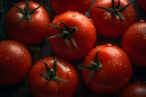 AI generated Many tomatoes with water drops, abstract background. Neural network AI generated photo