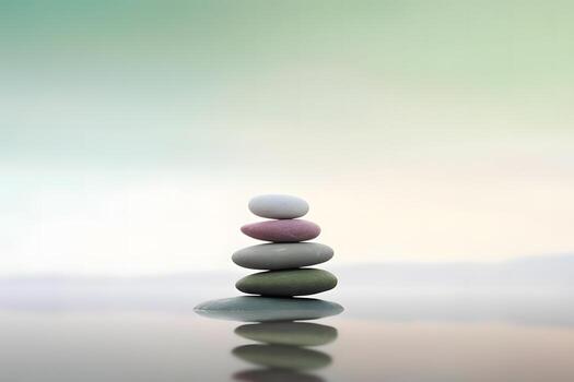 AI generated Pyramid stones balance on the sand of the beach. The object is in focus, the background is blurred. Neural network AI generated photo