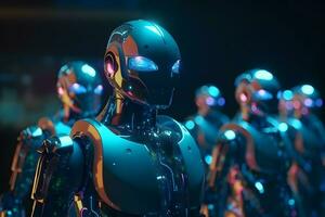 AI generated Robots stand in line. Neural network AI generated photo
