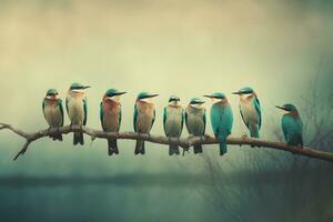 AI generated Group of birds on a branch, cold tone. Neural network AI generated photo