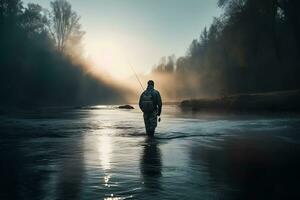 ai generado pescador por el lago a amanecer. neural red ai generado foto