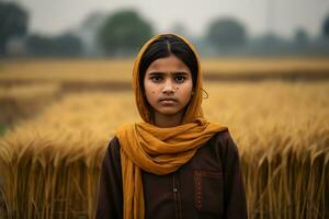 AI generated Portrait of a indian girl against the background of spikelets of wheat. Neural network AI generated photo